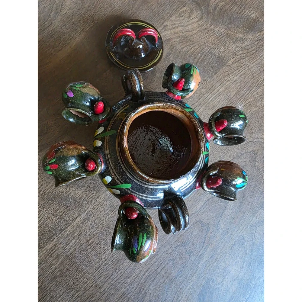 Mexican Folk Art Pottery Tequila Set Hand Painted Floral Glazed Brown 8pc decor